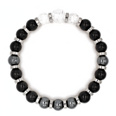 Handcrafted bracelet with Black Tourmaline, Onyx, Hematite, and Clear Quartz on a white background, symbolizing focus, strength, and leadership.